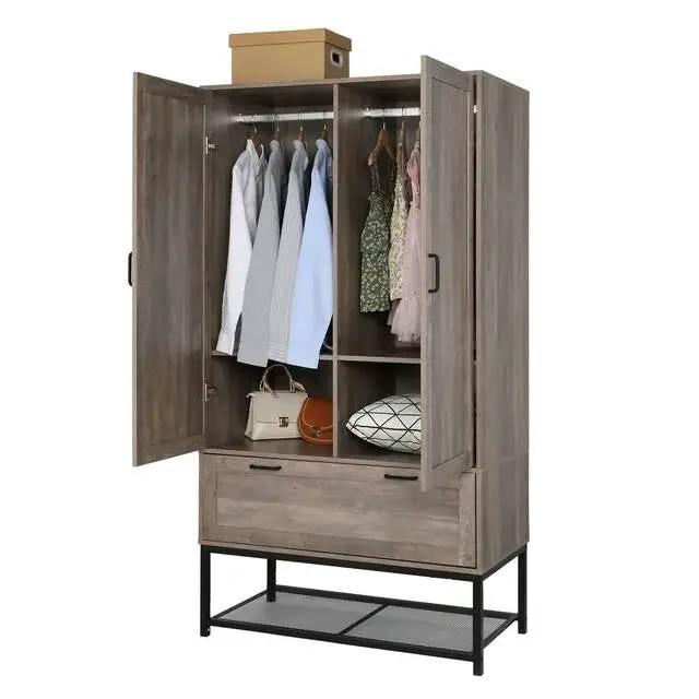 Modern 2-Door Bedroom Wardrobe Cabinet Armoire Shoe Rack in Retro Grey Finish by HomePacific