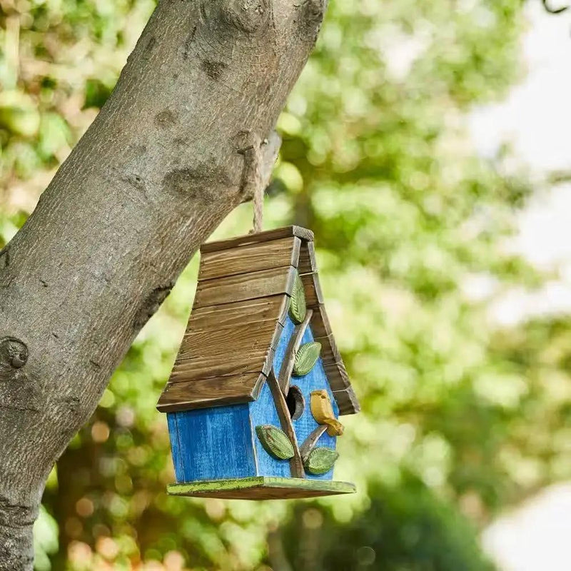 Farmhouse Solid Wood Hanging Birdhouse in Blue Green Yellow Brown by HomePacific