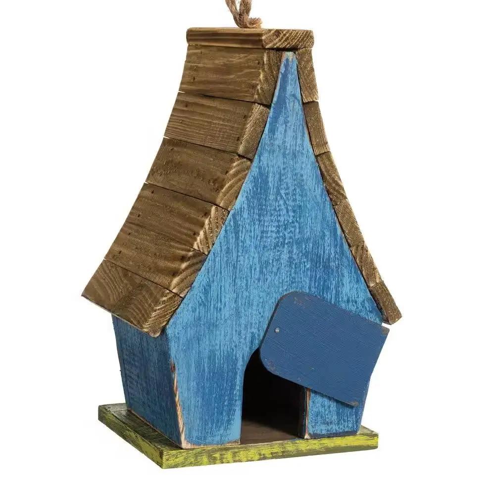 Farmhouse Solid Wood Hanging Birdhouse in Blue Green Yellow Brown by HomePacific