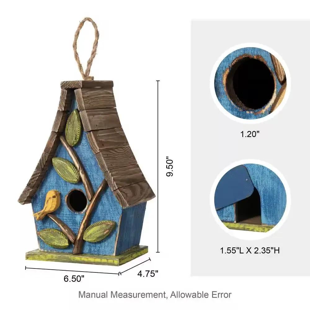 Farmhouse Solid Wood Hanging Birdhouse in Blue Green Yellow Brown by HomePacific