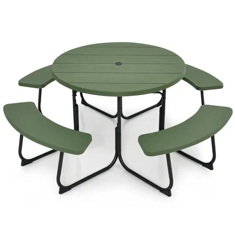 Green All Weather 8 Seater Picnic Table Umbrella Hole by HomePacific