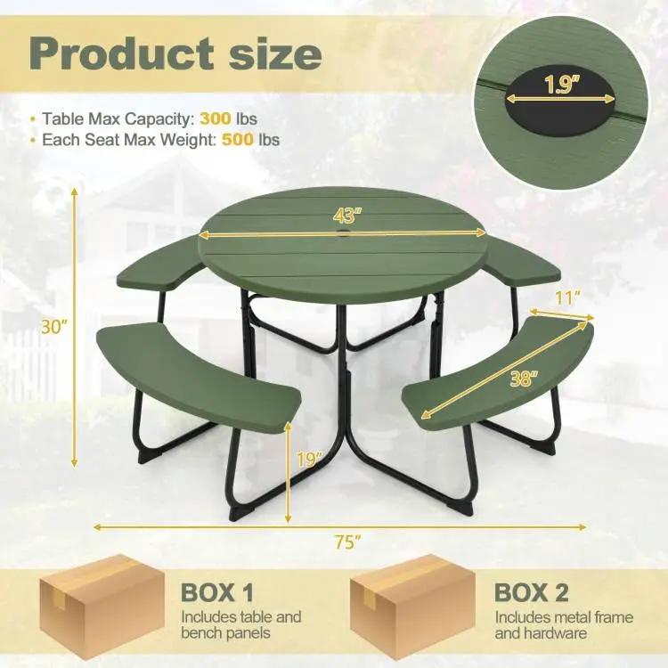 Green All Weather 8 Seater Picnic Table Umbrella Hole by HomePacific