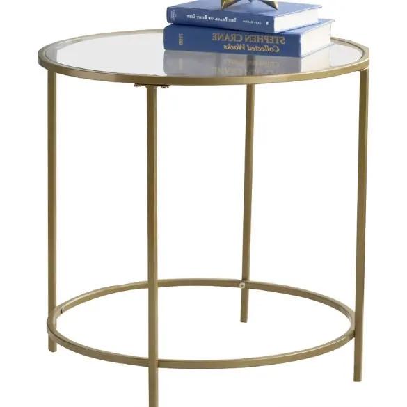 Round Glass Top End Table Nightstand with Gold Metal Frame by HomePacific