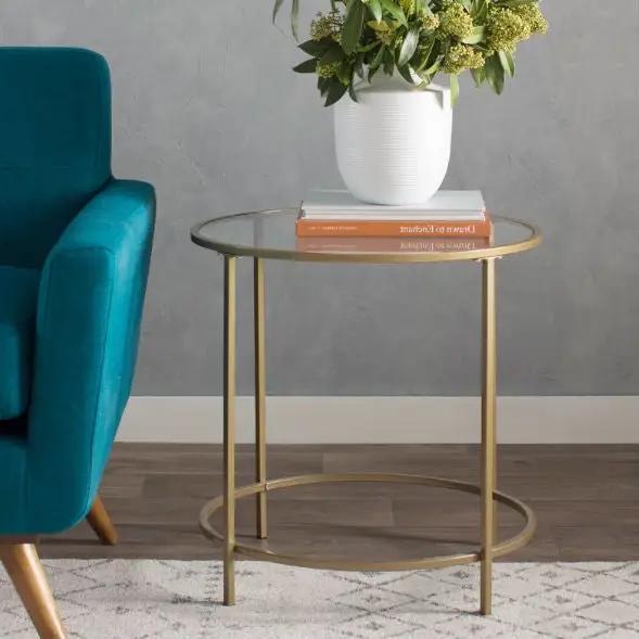 Round Glass Top End Table Nightstand with Gold Metal Frame by HomePacific