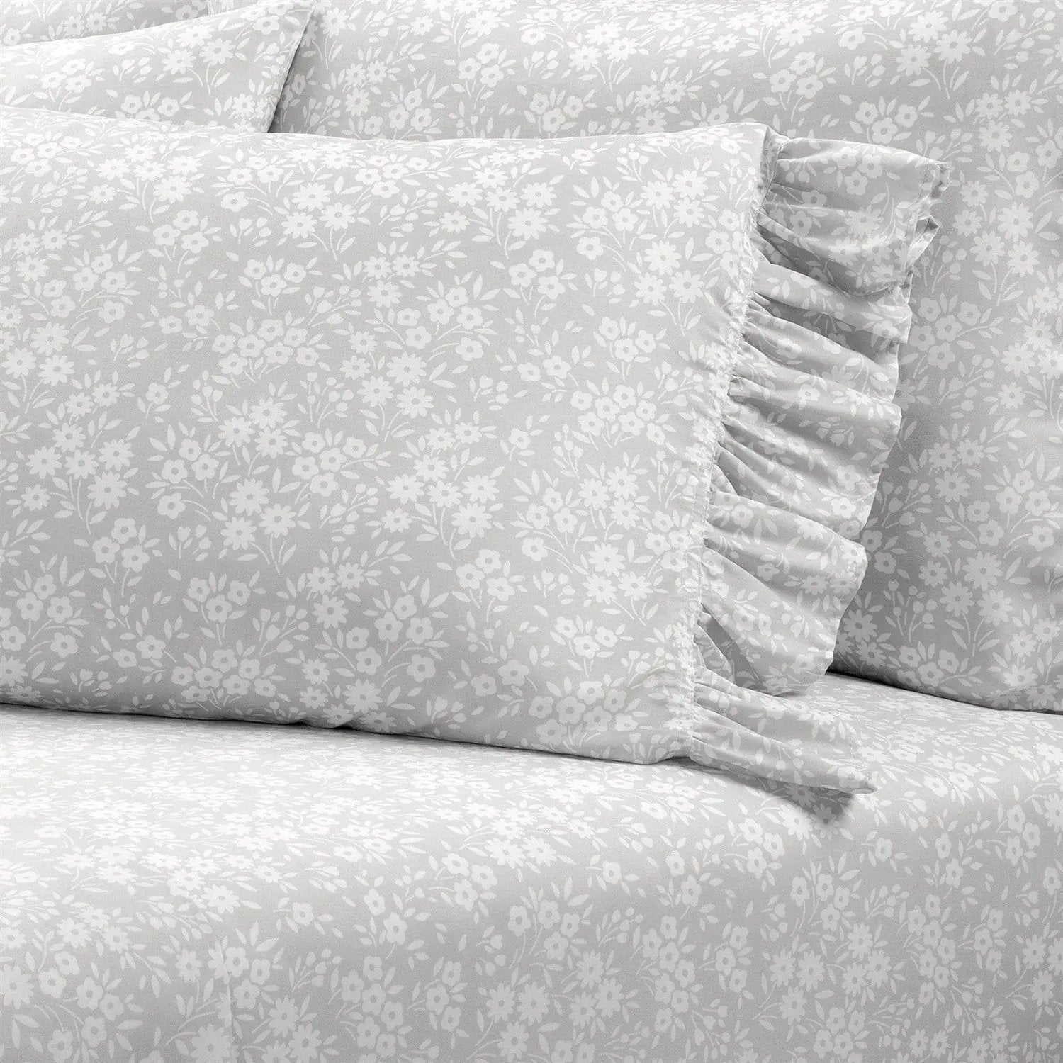 Queen size Grey Ruffle Floral Polyester 6 Piece Sheet Set by HomePacific