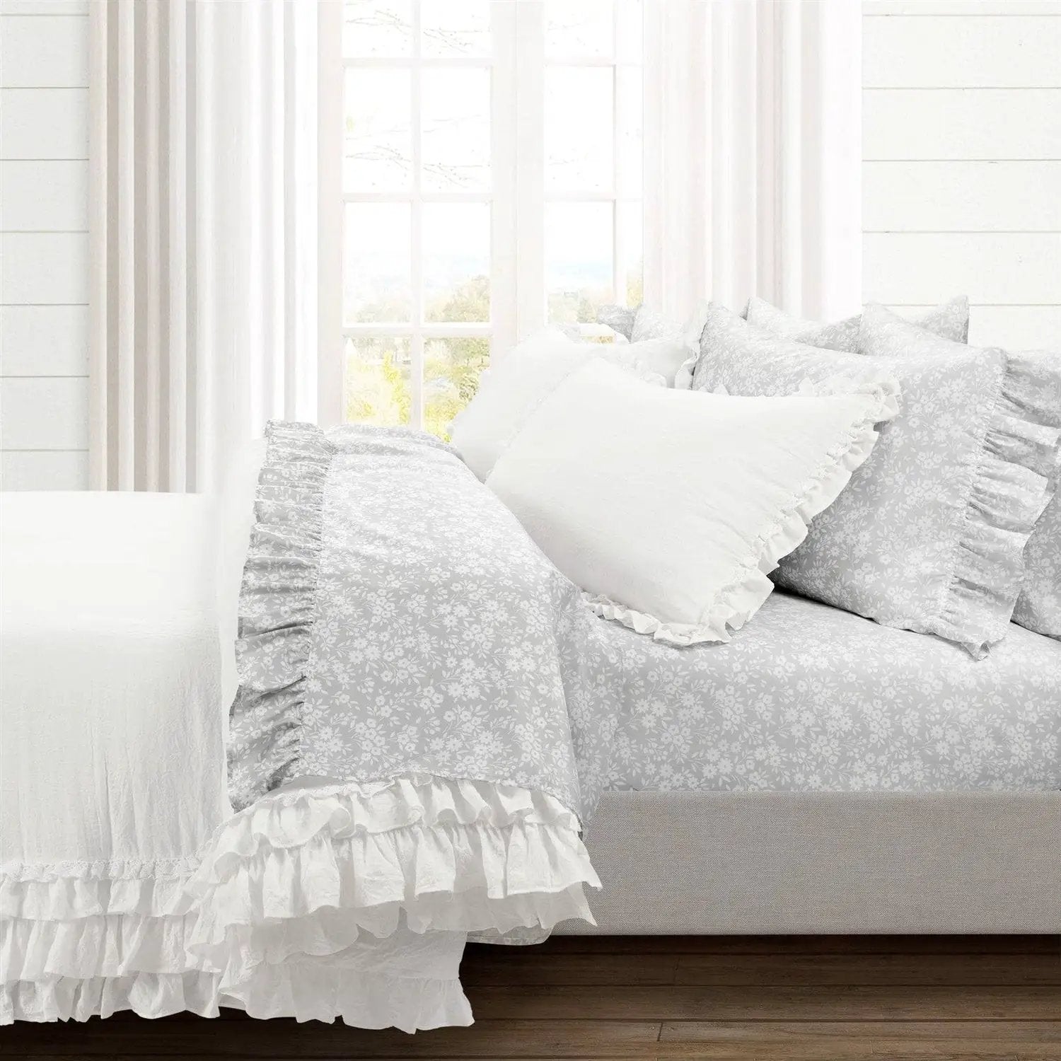 Queen size Grey Ruffle Floral Polyester 6 Piece Sheet Set by HomePacific