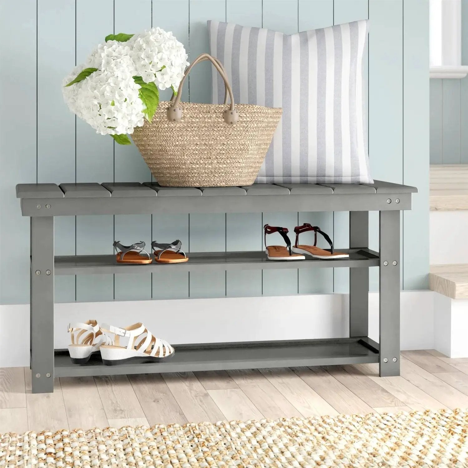 Grey Wood 2-Shelf Shoe Rack Storage Bench For Entryway or Closet by HomePacific