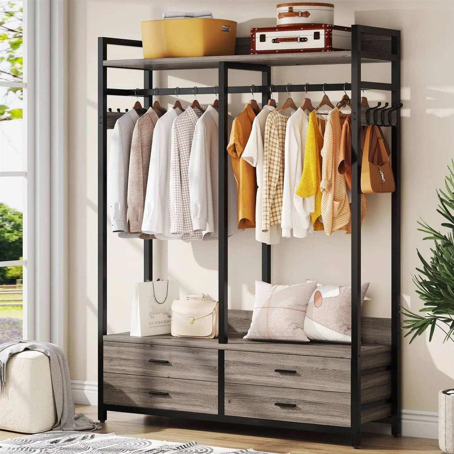 Modern Grey Black Garment Rack with Clothes Hanging Rod and 4 Storage Drawers by HomePacific