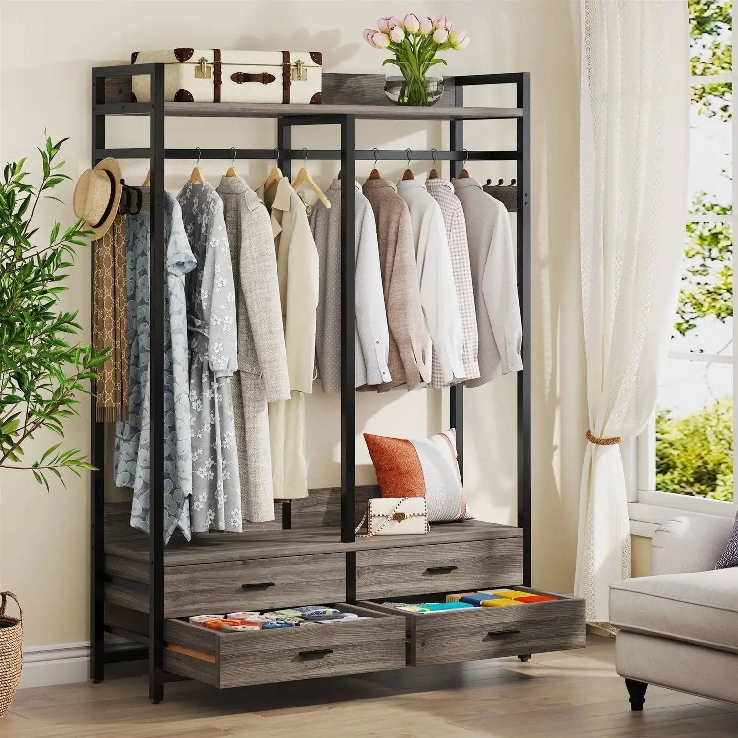 Modern Grey Black Garment Rack with Clothes Hanging Rod and 4 Storage Drawers by HomePacific