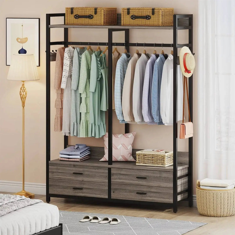 Modern Grey Black Garment Rack with Clothes Hanging Rod and 4 Storage Drawers by HomePacific