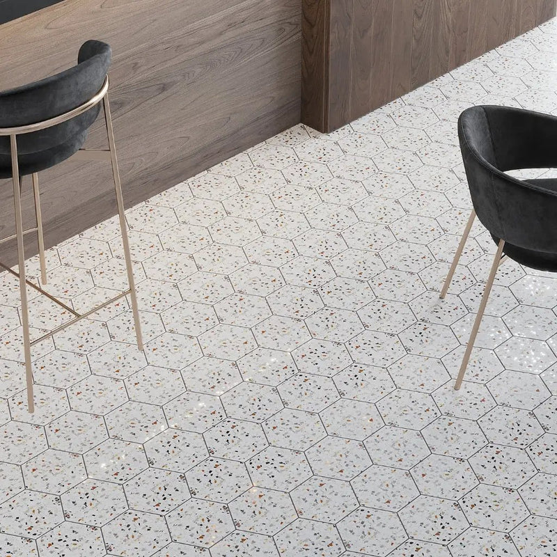 White Multicolor 8x9 Matte Hexagon Porcelain Tile (25 pack, 9.93 sq ft/case) by Apollo Tile