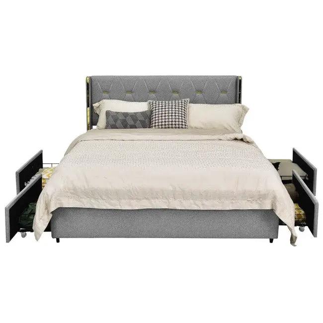 Full Size Grey/Gold Linen Headboard 4 Drawer Storage Platform Bed by HomePacific