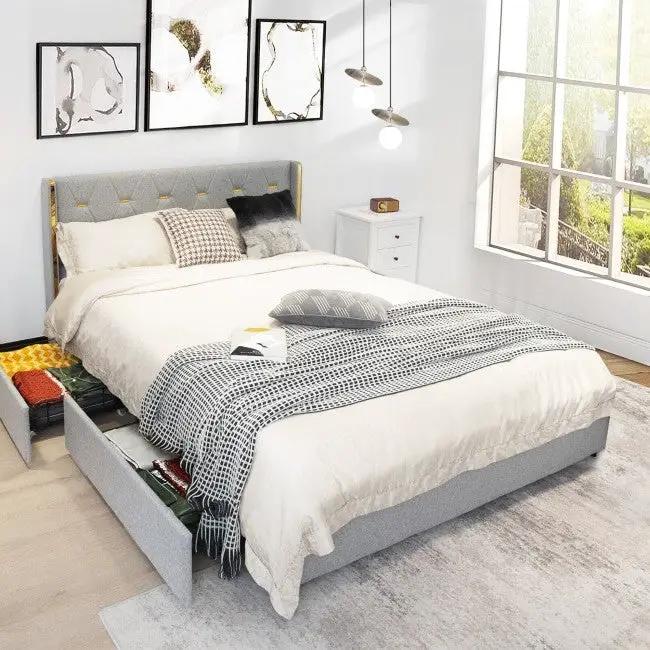 Full Size Grey/Gold Linen Headboard 4 Drawer Storage Platform Bed by HomePacific