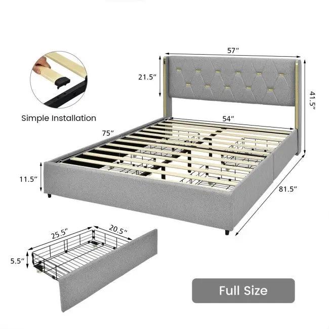 Full Size Grey/Gold Linen Headboard 4 Drawer Storage Platform Bed by HomePacific