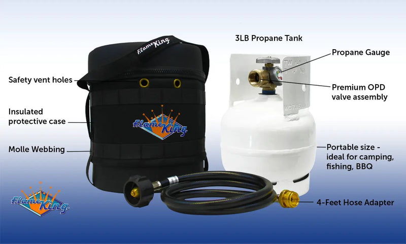 Flame King Propane Gas Hauler Kit 3lb Empty Propane Tank, Adapter Hose and Insulated Protective Carry Case by Flame King Products