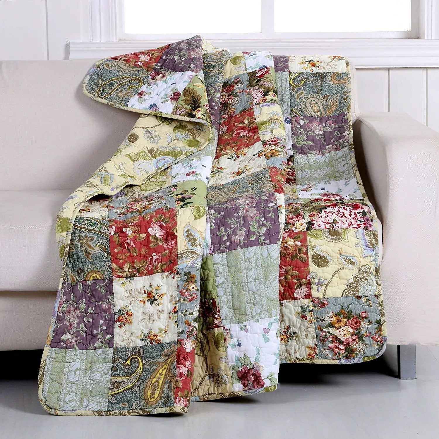 Red Green Blue Purple Yellow White 100-Percent Cotton Floral Patchwork Quilt Throw Blanket by HomePacific