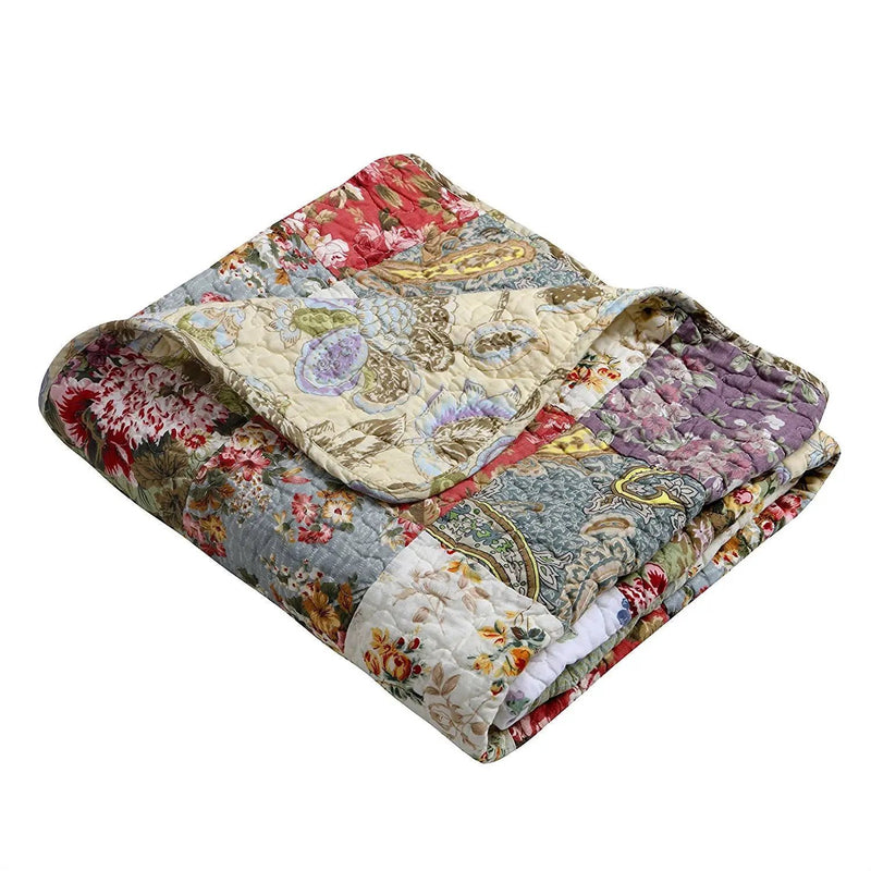 Red Green Blue Purple Yellow White 100-Percent Cotton Floral Patchwork Quilt Throw Blanket by HomePacific