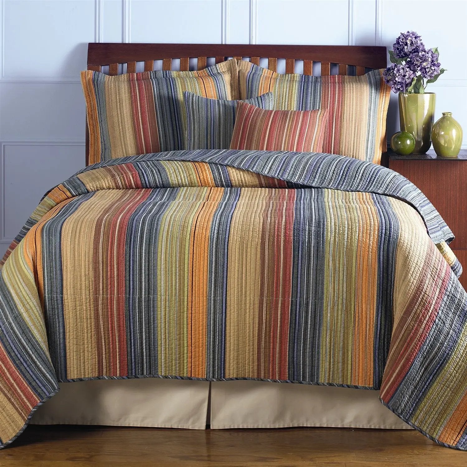 Full / Queen 100% Cotton Quilt Set with Red Orange Blue Brown Stripes by HomePacific