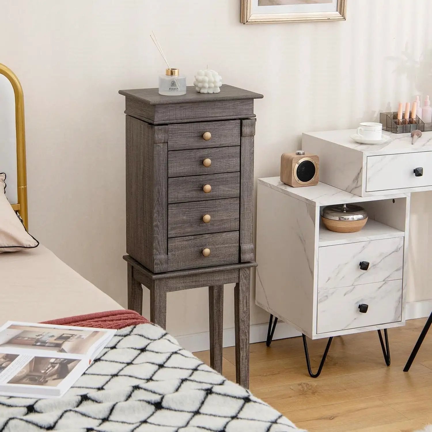 5-Drawer Jewelry Armoire Cabinet with Top Mirror in Grey Wood Finish by HomePacific