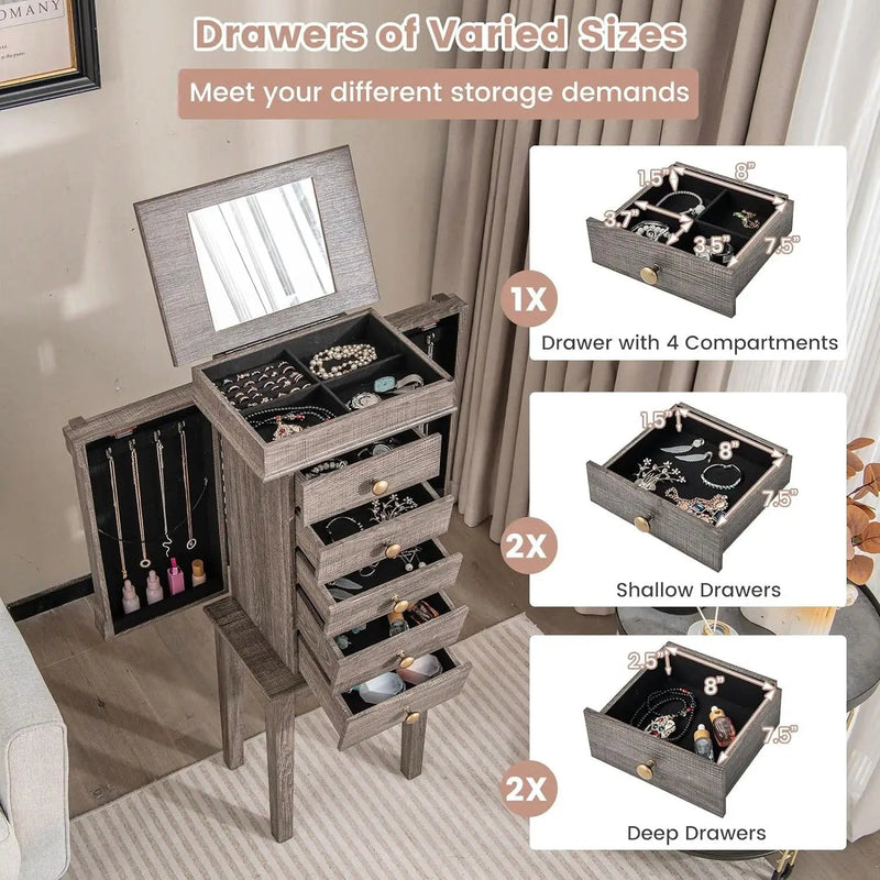 5-Drawer Jewelry Armoire Cabinet with Top Mirror in Grey Wood Finish by HomePacific