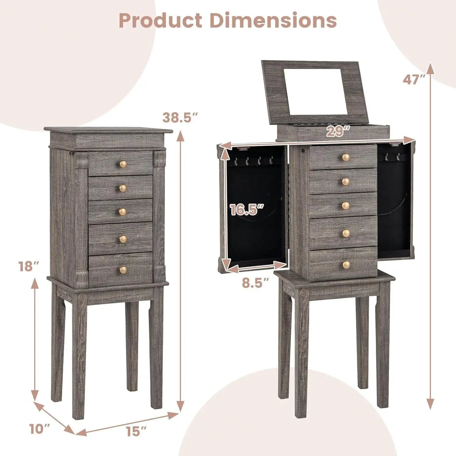 5-Drawer Jewelry Armoire Cabinet with Top Mirror in Grey Wood Finish by HomePacific