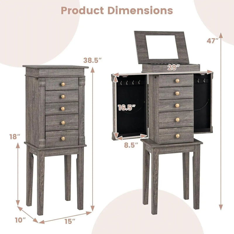 5-Drawer Jewelry Armoire Cabinet with Top Mirror in Grey Wood Finish by HomePacific