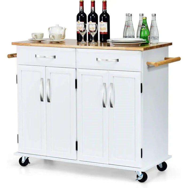 White Kitchen Cart Island with Wood Top 2 Drawers and Bottom Storage Cabinet by HomePacific