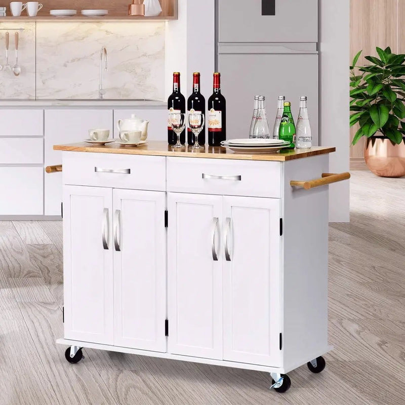 White Kitchen Cart Island with Wood Top 2 Drawers and Bottom Storage Cabinet by HomePacific