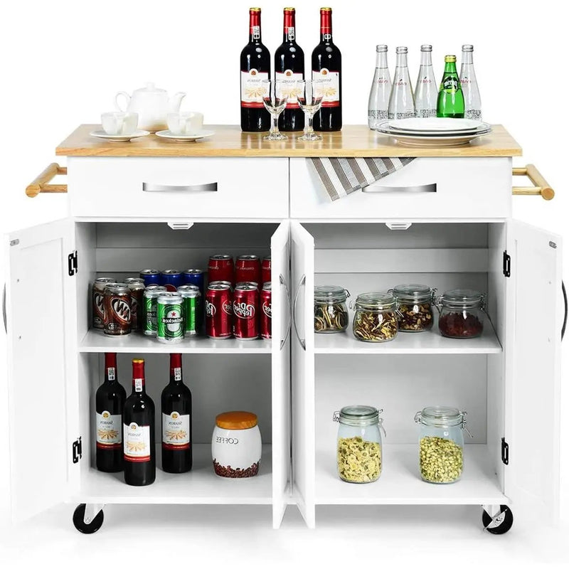 White Kitchen Cart Island with Wood Top 2 Drawers and Bottom Storage Cabinet by HomePacific