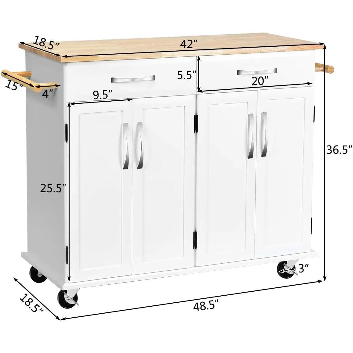 White Kitchen Cart Island with Wood Top 2 Drawers and Bottom Storage Cabinet by HomePacific