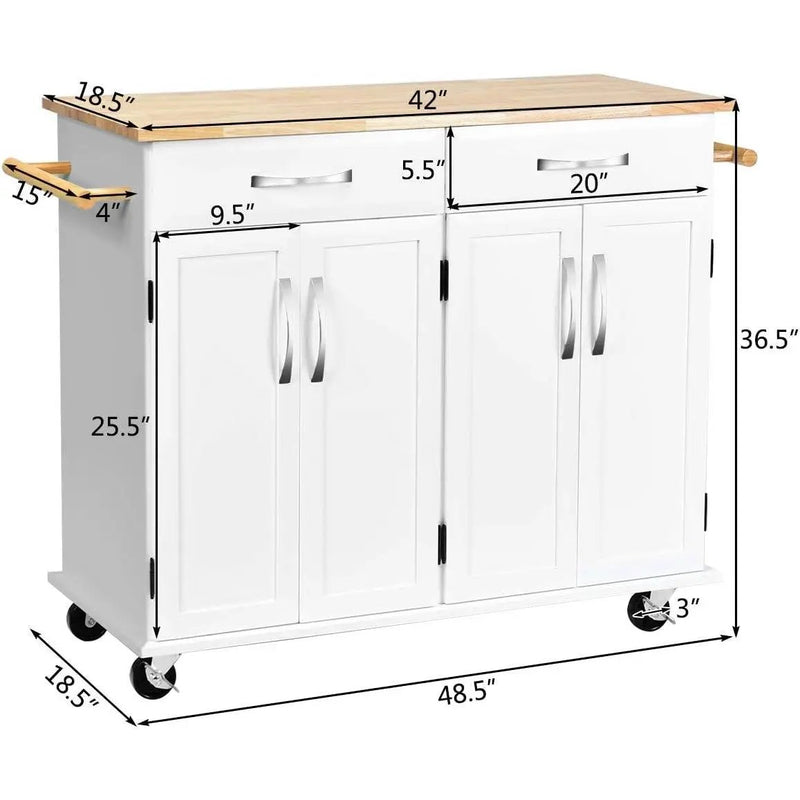White Kitchen Cart Island with Wood Top 2 Drawers and Bottom Storage Cabinet by HomePacific