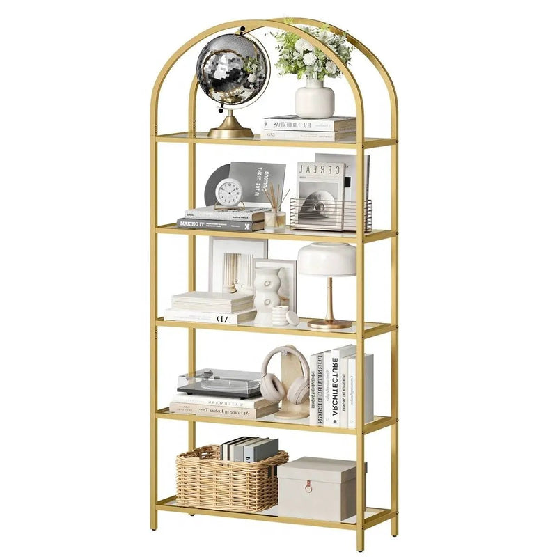 Modern Gold Metal Arched Top Display Rack Bookcase with 5 Glass Storage Shelves by HomePacific