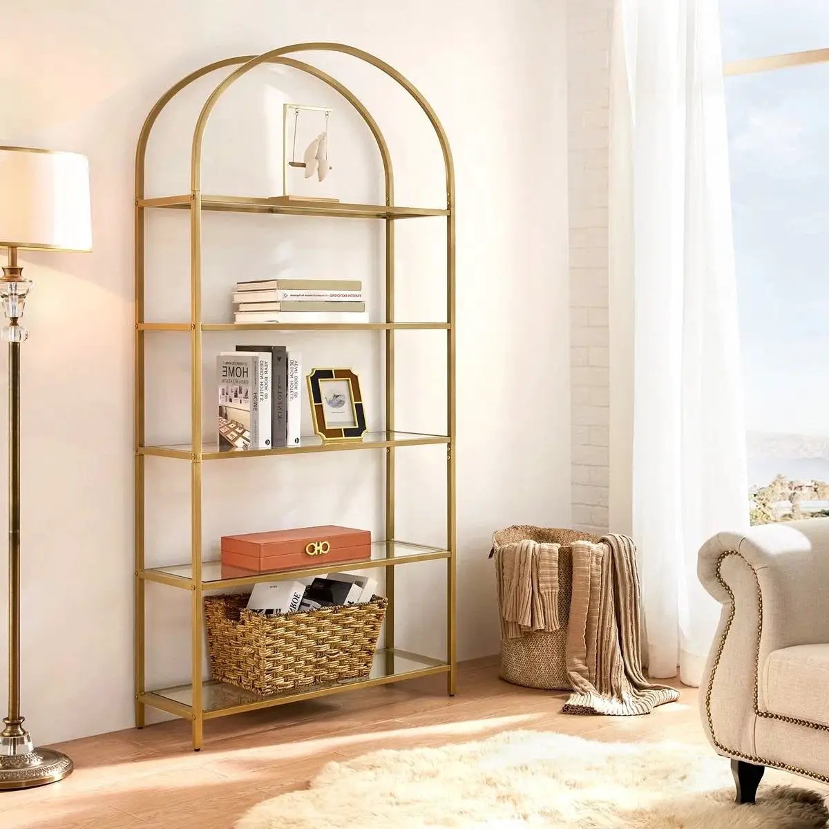 Modern Gold Metal Arched Top Display Rack Bookcase with 5 Glass Storage Shelves by HomePacific
