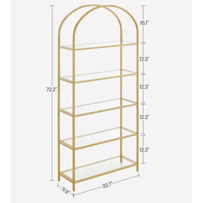 Modern Gold Metal Arched Top Display Rack Bookcase with 5 Glass Storage Shelves by HomePacific