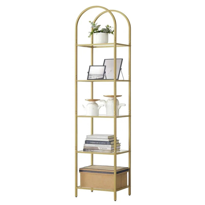 Arched Top Gold Metal Display Rack Narrow Bookcase with 5 Glass Storage Shelves by HomePacific