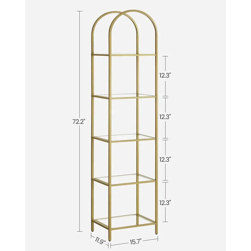 Arched Top Gold Metal Display Rack Narrow Bookcase with 5 Glass Storage Shelves by HomePacific