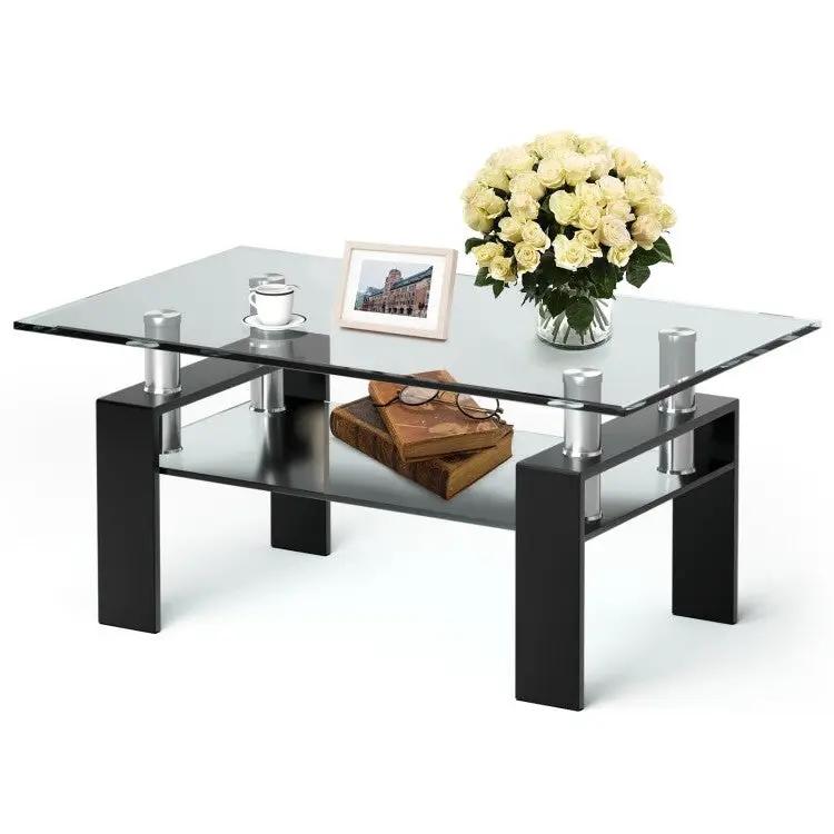 Modern 2 Tier Glass Coffee Table with Black Metal Legs by HomePacific