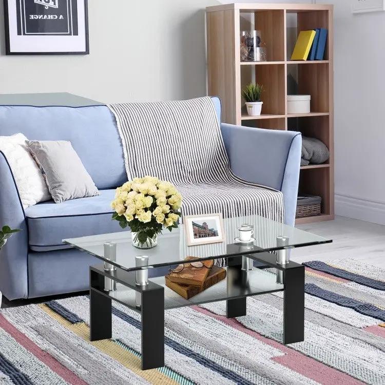 Modern 2 Tier Glass Coffee Table with Black Metal Legs by HomePacific