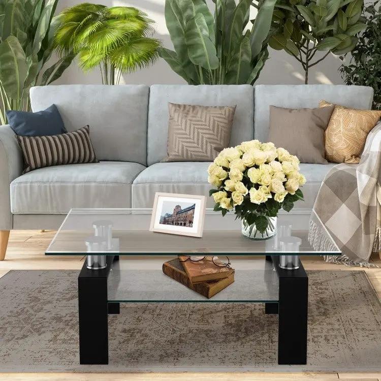 Modern 2 Tier Glass Coffee Table with Black Metal Legs by HomePacific