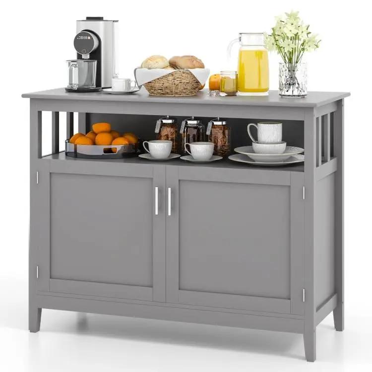 Grey Wood 2-Door Dining Buffet Sideboard Cabinet with Open Storage Shelf by HomePacific