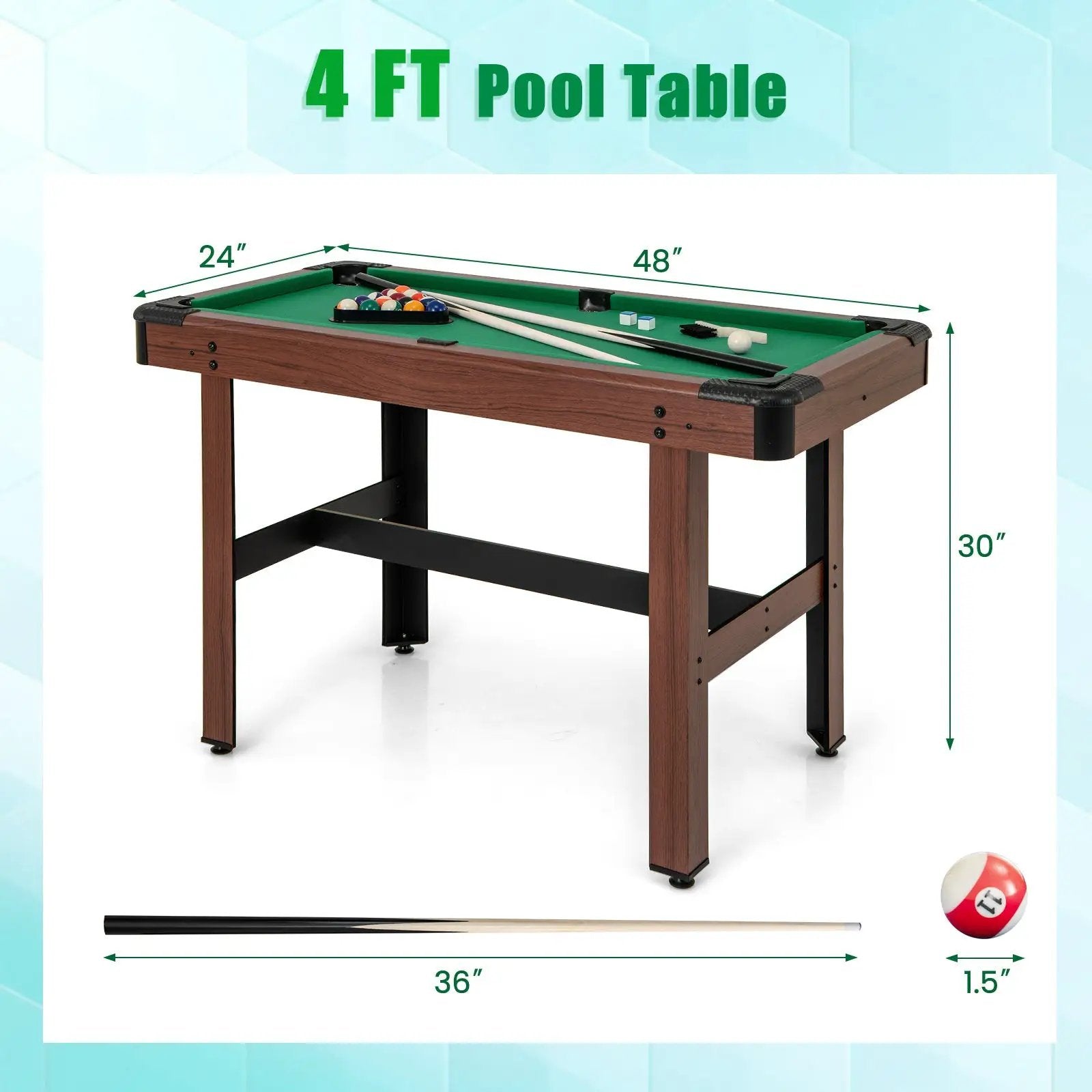 48 Inch Pool Wooden Game Table with Full Set of Ballsfor Kids and Adults by DirectDeals