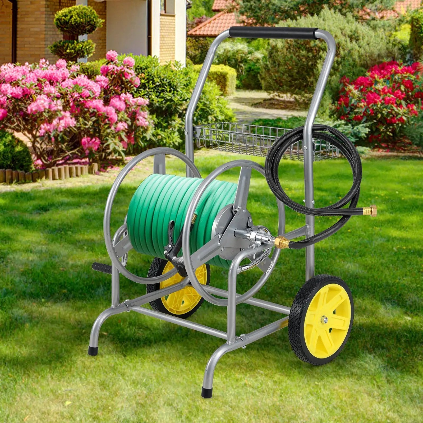 Garden Hose Reel Cart with 2 Wheels and Storage Basket by DirectDeals