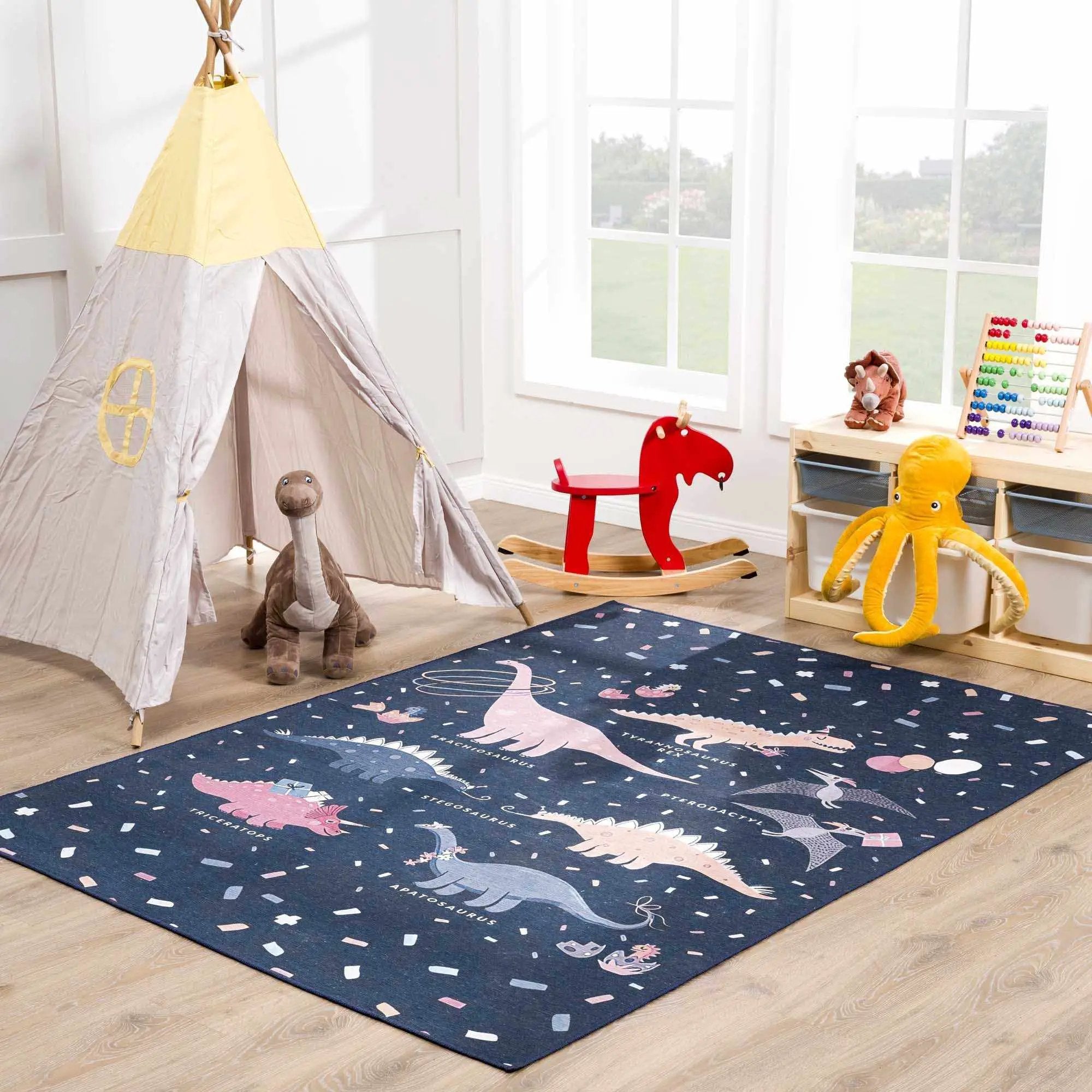 Milne Navy Dinosaur Washable Kids Rug - Clearance by Boutique Rugs