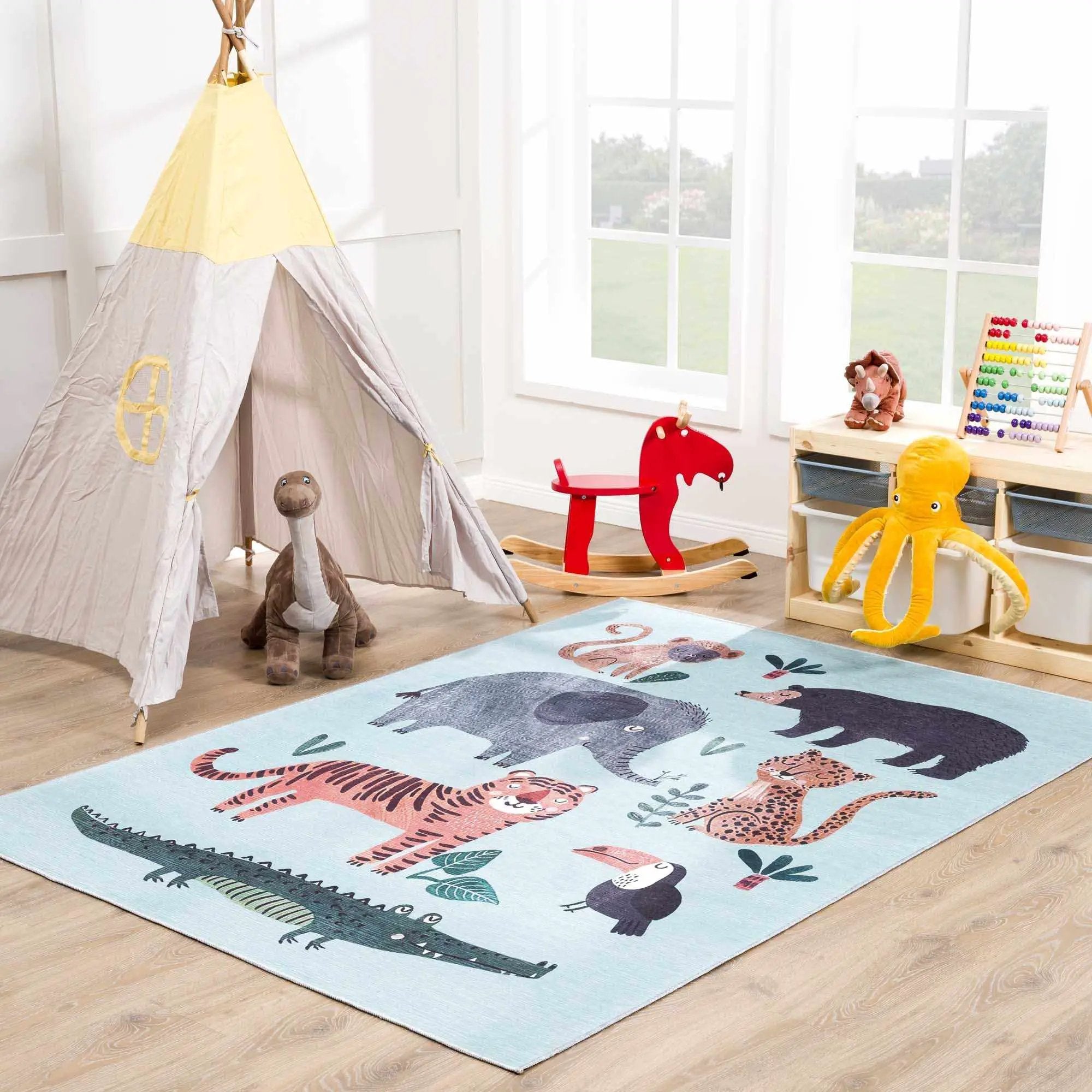 Petey Blue Animal Print Washable Kids Rug - Clearance by Boutique Rugs