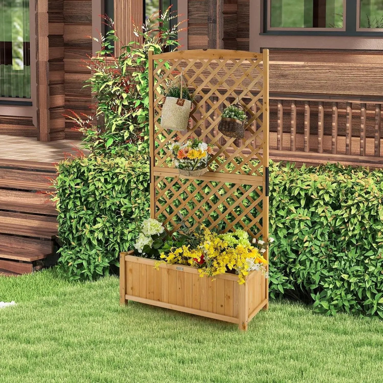 Outdoor Fir Wood Raised Garden Bed Planter Box with 71-inch High Trellis by HomePacific