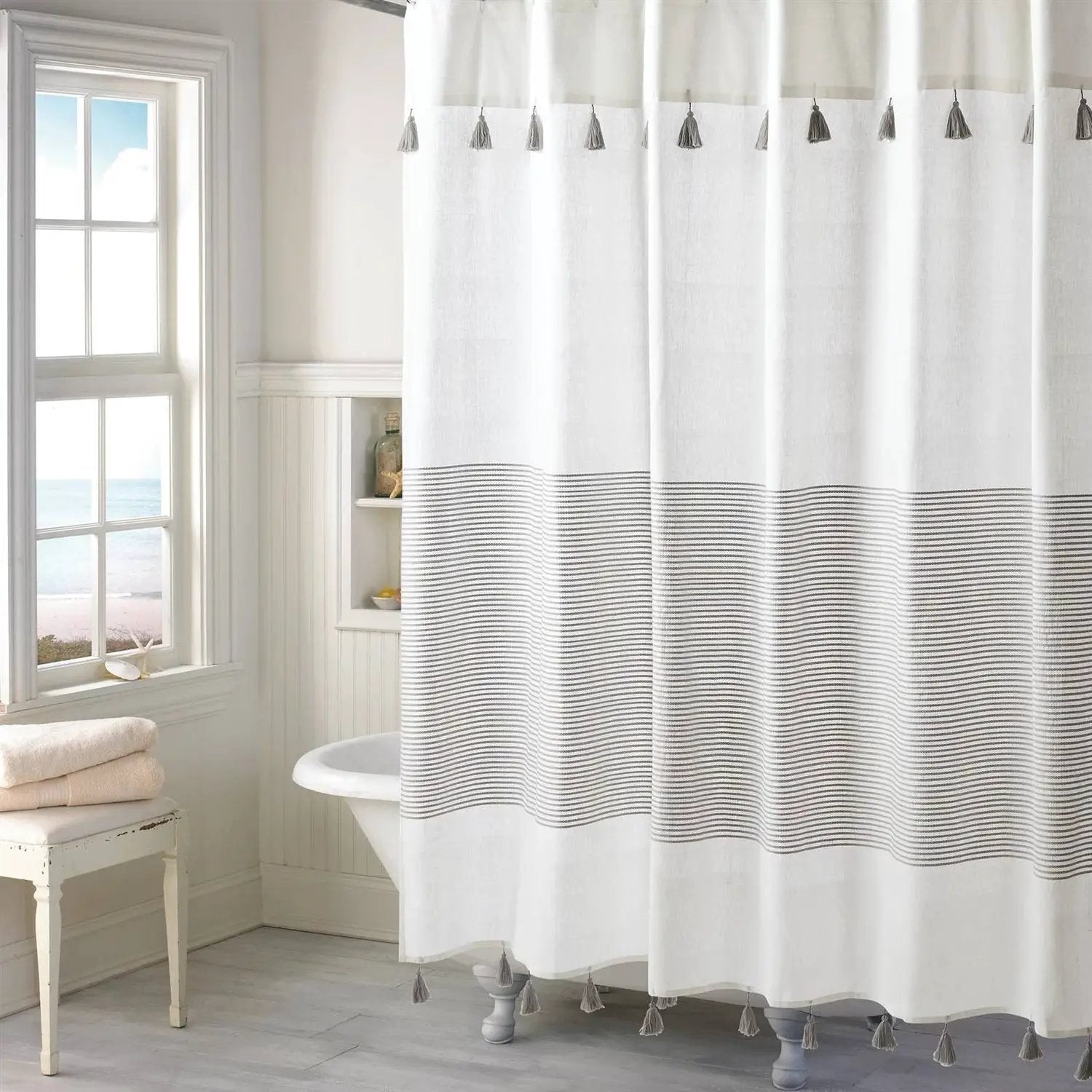 72-inch Grey and White Stripes Cotton Shower Curtain with Tassels by HomePacific