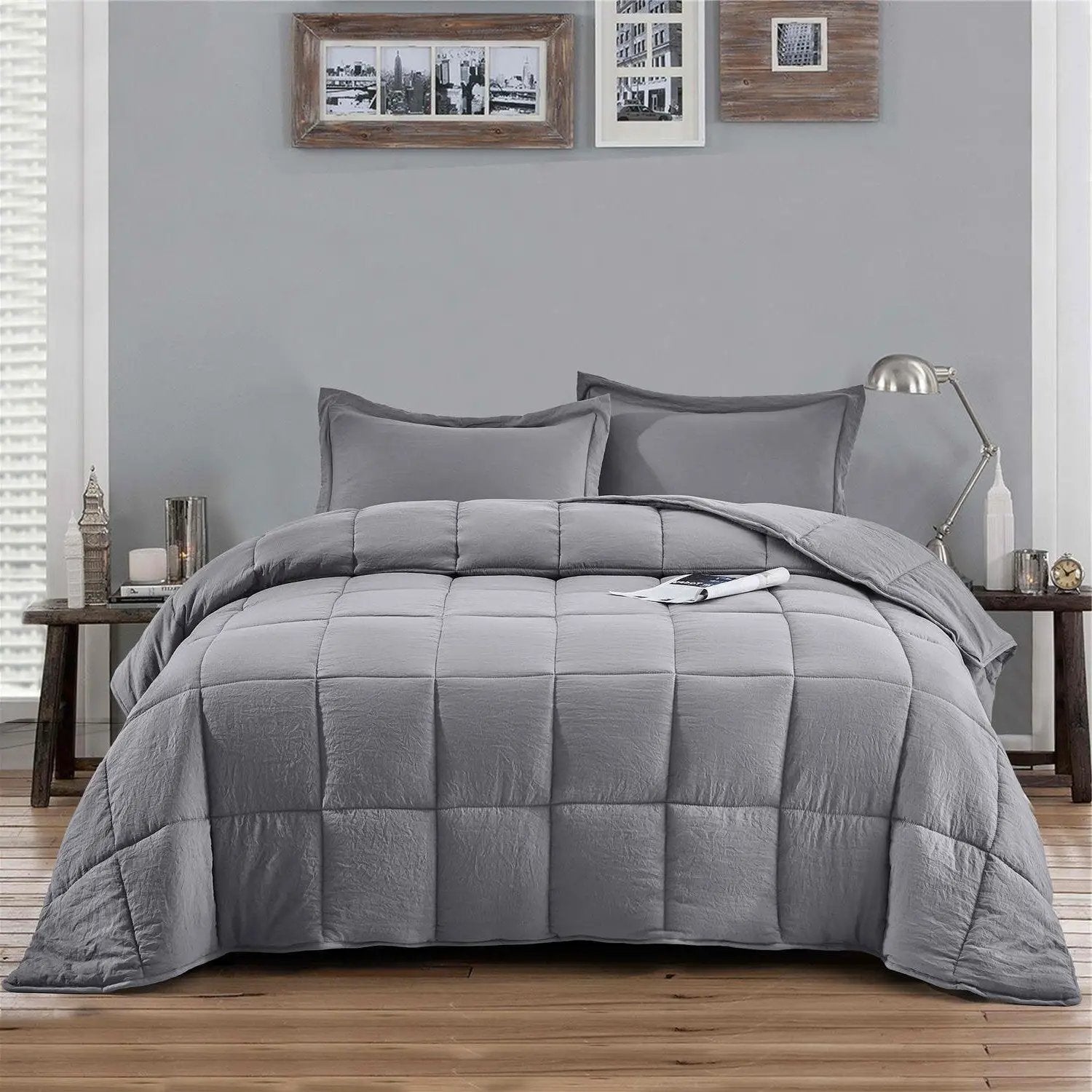 Queen Size Grey 3 Piece Microfiber Reversible Comforter Set by HomePacific