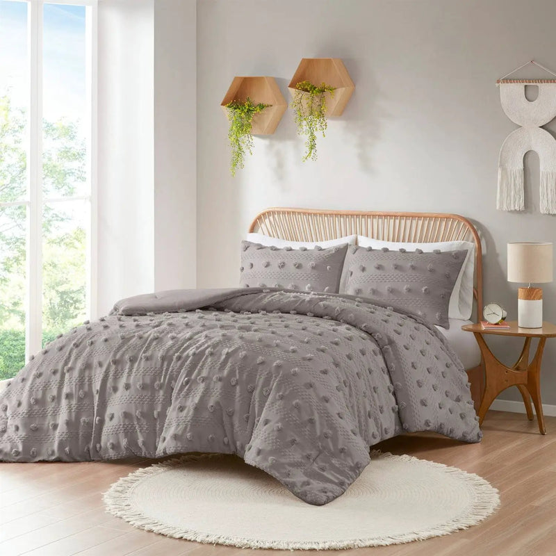 King/Cal King 3-Piece Grey Microfiber Comforter Set with Decorative Pompoms by HomePacific