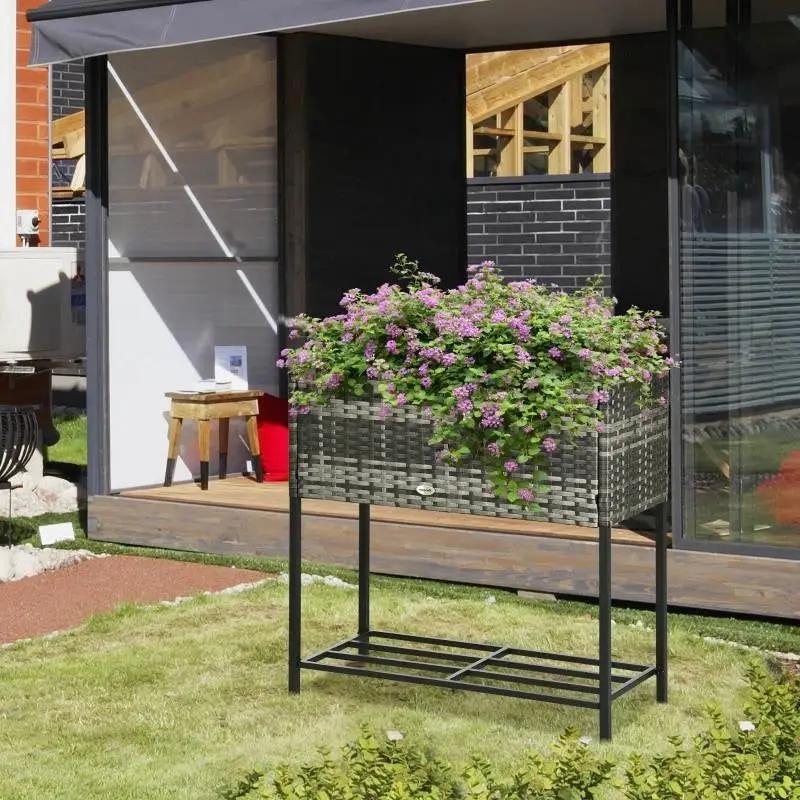 Grey Modern PE Rattan Wicker Raised Garden Bed Elevated Planter Box by HomePacific
