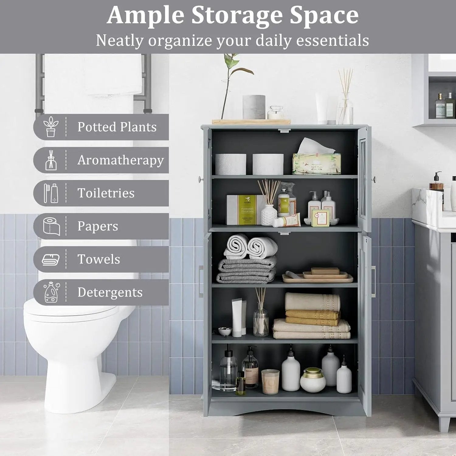 Grey Bathroom Towel Linen Cabinet with Glass Doors and Storage Shelves by HomePacific